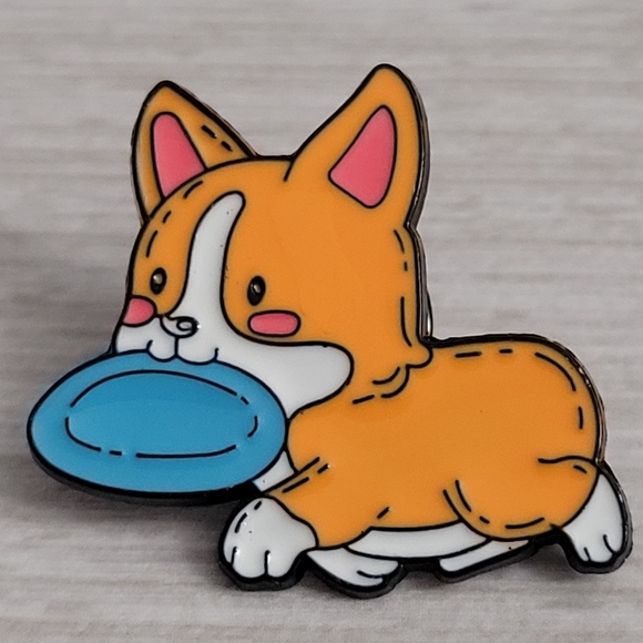 Corgi Pup With Food Dish Enamel Pin - Picture 1 of 6